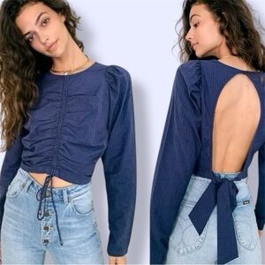 Free People Poplin Open Back Puff Statement Sleeve Blouse